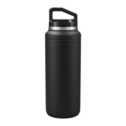 A drink bottle with a sleek black design and a handle, featuring a silver band near the top.