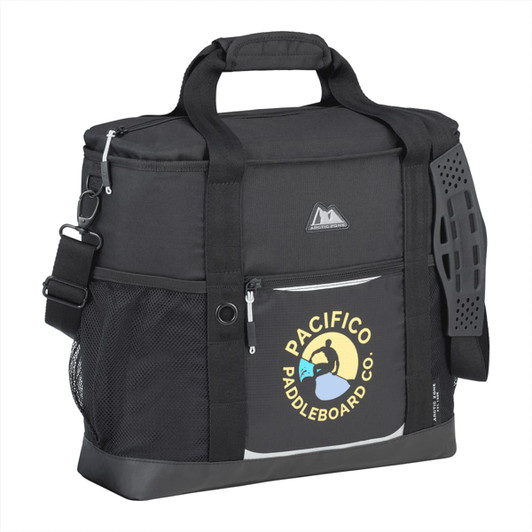 A black cooler bag with handles, a removable shoulder strap, and mesh side pockets, featuring a logo on the front.
