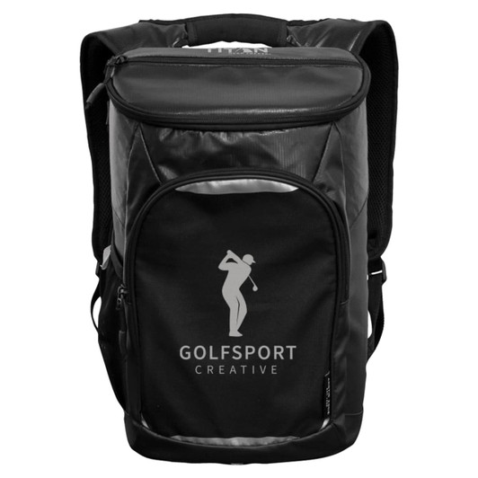 A black backpack cooler with a large insulated compartment and a front pocket, featuring a logo.