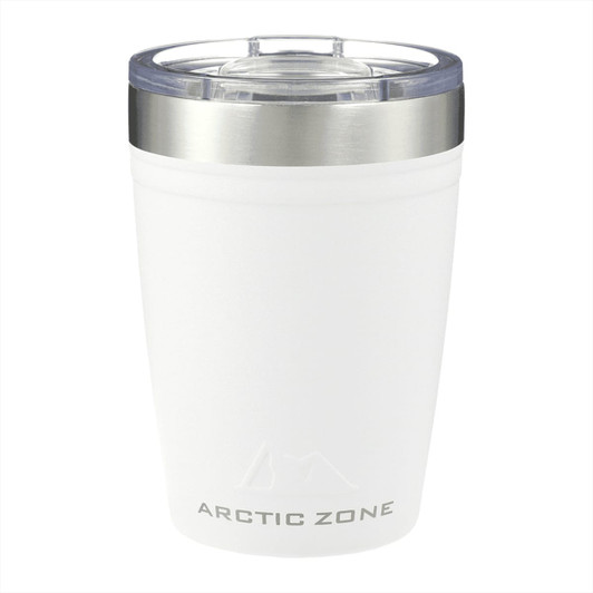 A drink bottle featuring a frosted white design with a stainless steel lid and a logo. Suitable for various beverages.