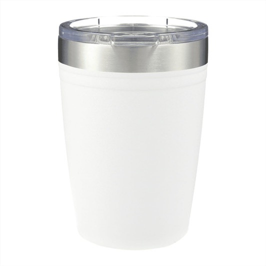 A drink tumbler with a frosted white body and a stainless steel rim, featuring a clear lid.