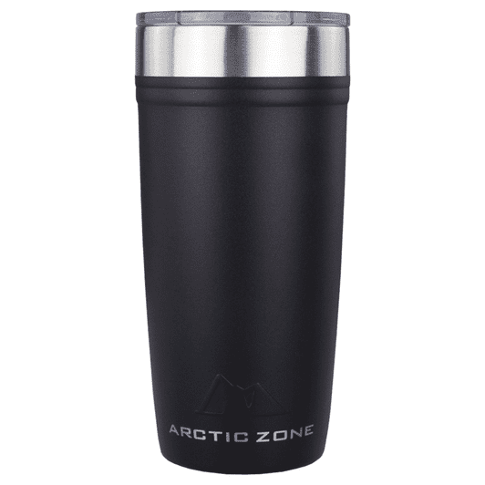 A drink bottle with a matte black finish and stainless steel lid, featuring a branding logo on the front.