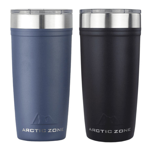 A drink bottle set featuring two 600ml tumblers in navy blue and black, with stainless steel accents and a logo.
