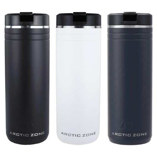 A drink bottle set featuring three colours: black, white, and navy, with a logo and a straw cap design.