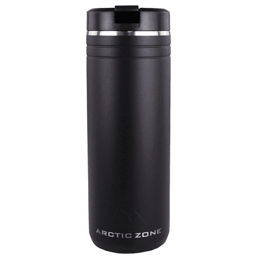 A drink bottle in matte black with a silver band and a lid, featuring a logo. Suitable for thermal beverages.