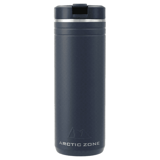 A drink bottle in navy blue with a stainless steel lid and a logo. Designed for thermal retention.