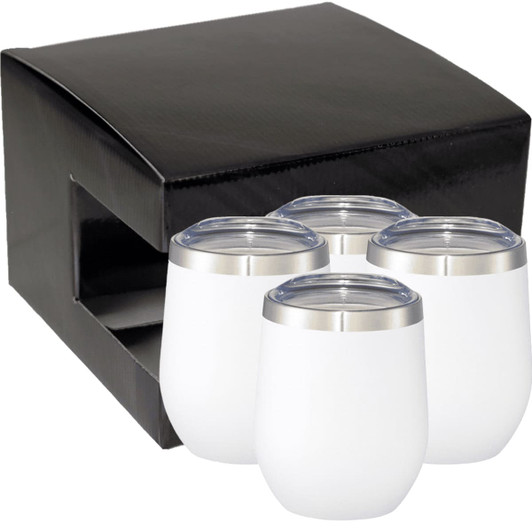 A gift box containing four white drinkware tumblers with silver lids, packaged in a sleek black box.