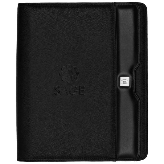 A black Nappa leather A4 zippered compendium featuring a subtle logo design. Ideal for office and business use.