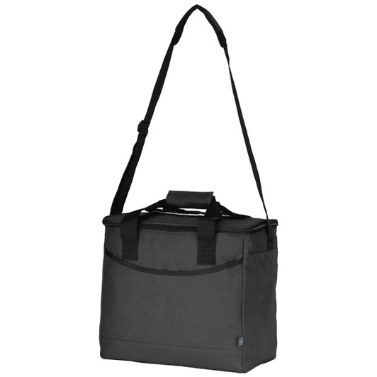 A cooler bag in black, featuring a shoulder strap, top handle, and front pocket, made from recycled material.