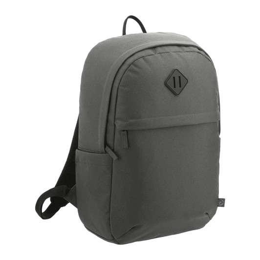 A dark grey backpack made from Repreve recycled material, featuring a front pocket and adjustable straps.