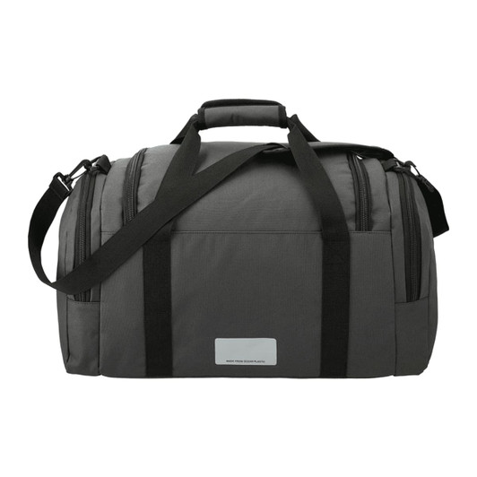 A grey duffel bag made from Repreve recycled material, featuring two handles and a shoulder strap.