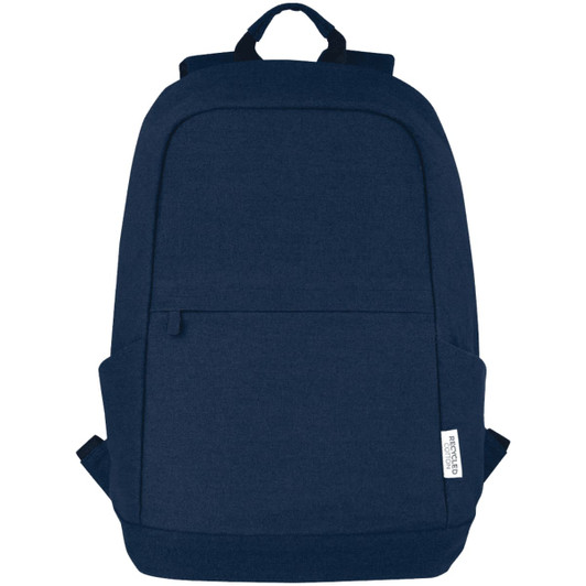 A navy blue recycled canvas laptop backpack with anti-theft features and a front pocket, showcasing a logo.