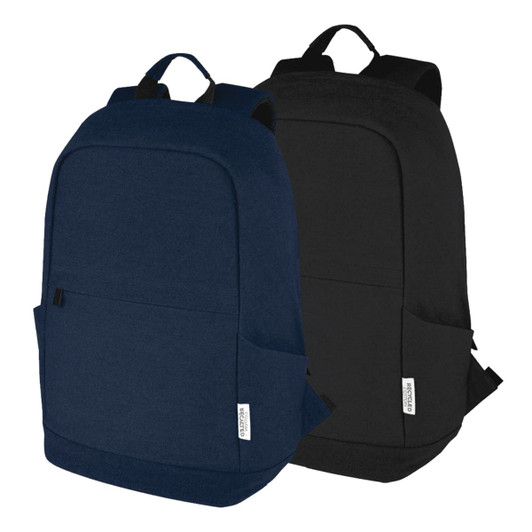 A navy blue and black anti-theft 15" laptop backpack made from recycled canvas, featuring a logo.