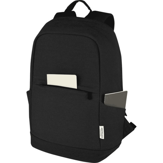 A black recycled canvas laptop backpack with two side pockets, designed for anti-theft and holds a laptop up to 15 inches.