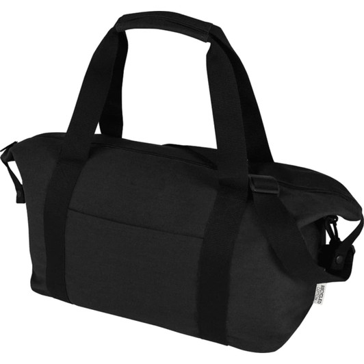 A black recycled canvas sports bag with dual handles and a shoulder strap, featuring a zip closure and a logo.