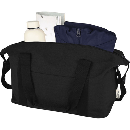 A black duffle bag featuring a drink bottle, a navy pouch, and documents inside. It has a logo visible on the exterior.