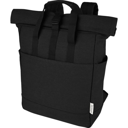 A black recycled canvas backpack tote with adjustable straps and a front pocket. It features a logo.