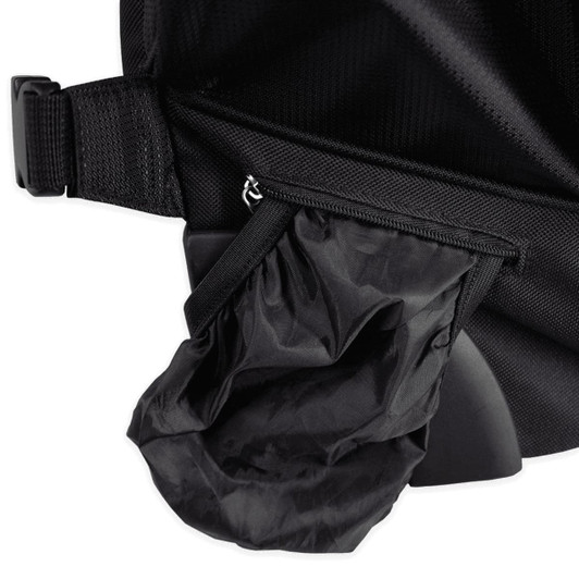 A black wheeled backpack with a zippered pocket and a folded compartment visible. Features a textured surface and logo.