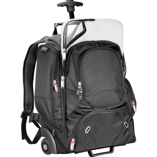 A black wheeled backpack with multiple compartments and a retractable handle. It features a logo on the front.