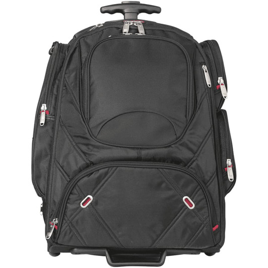 A black wheeled backpack featuring multiple compartments and zippers, designed for carrying laptops and accessories.