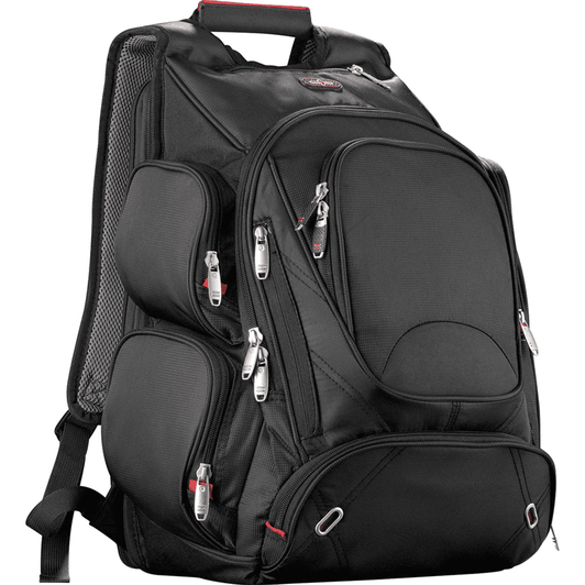 A black, checkpoint-friendly backpack with multiple zippered pockets and a mesh side pocket. Features a logo.
