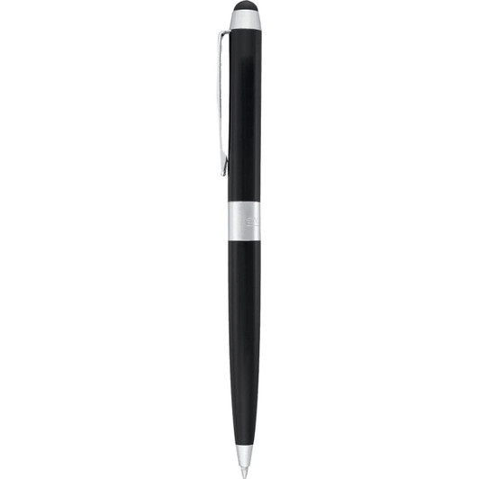 A black stylus pen with a silver band and clip, featuring both a ballpoint and stylus tip.