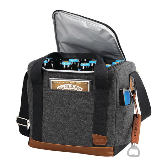 A grey and brown cooler bag with an insulated interior, holding bottles and featuring a bottle opener and logo.