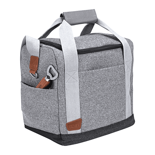 A grey cooler bag with handles and a bottle opener, featuring a zip closure and leather accents.
