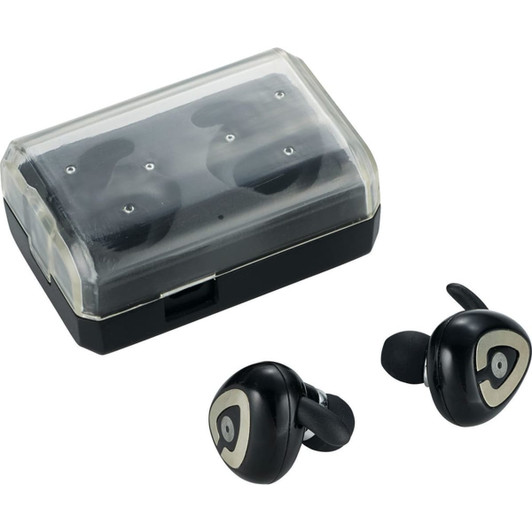 True wireless Bluetooth earbuds in black with a clear charging case. The case features an embedded logo on top.