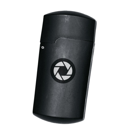 A pair of black folding reading glasses with a logo on the case.