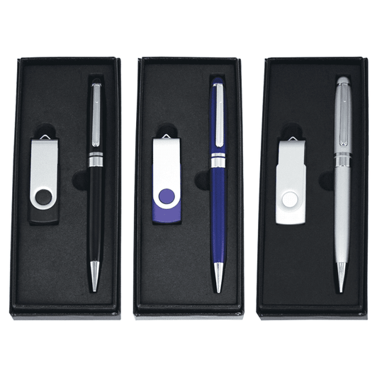 A gift set featuring three pens in black, purple, and silver, paired with USB flash drives in matching colours.