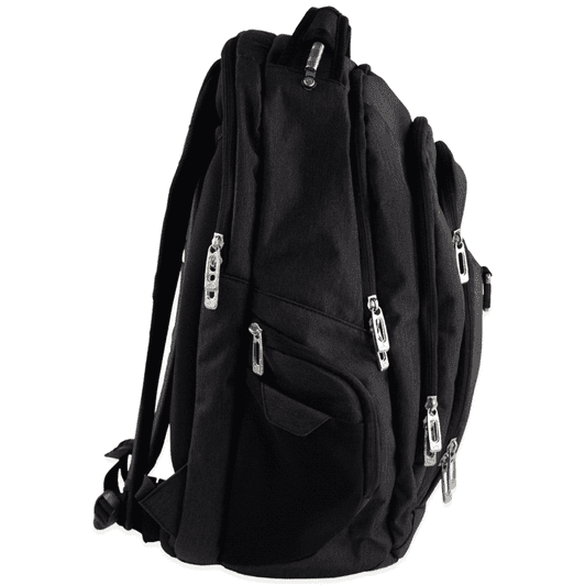 A black laptop backpack with multiple zippered compartments and a branding logo.