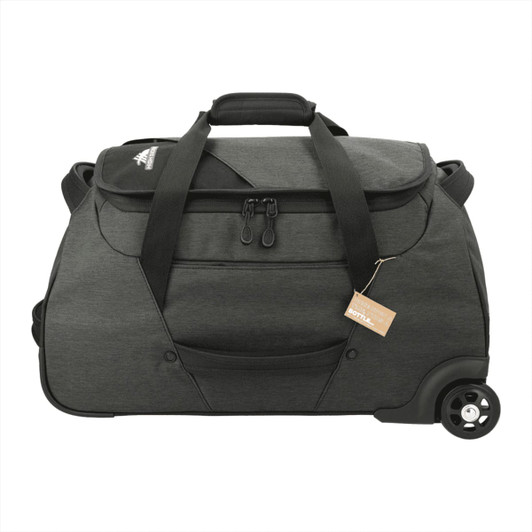 A wheeled duffel bag in black and grey with a logo, featuring sturdy handles and a large zippered compartment.