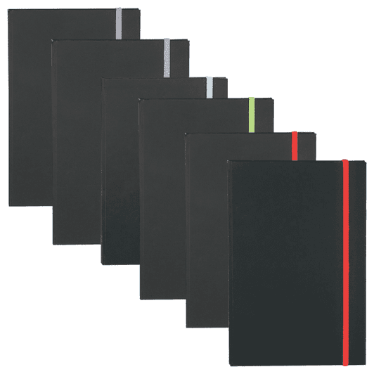A collection of black journals with vibrant elastic bands in various colours: red, orange, green, blue, purple, and light blue.