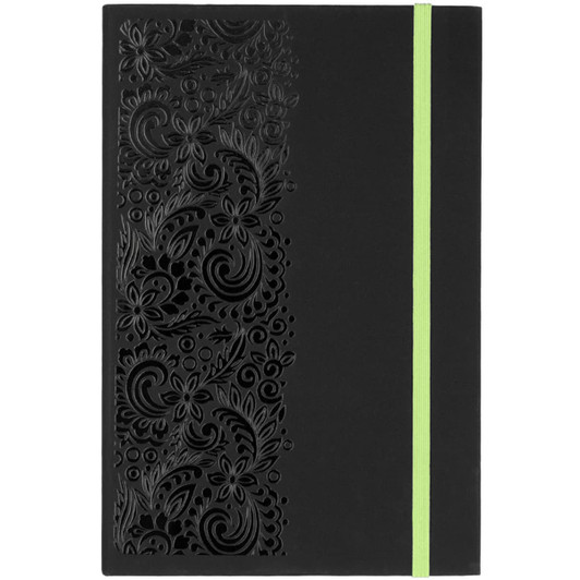 A black journal with a textured floral design and a vibrant green elastic band. It features a logo on the cover.