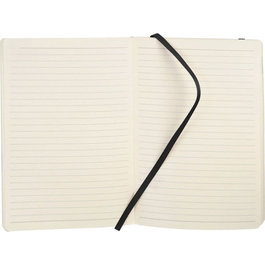A soft bound journal with lined pages and a black elastic closure, featuring a plain interior.