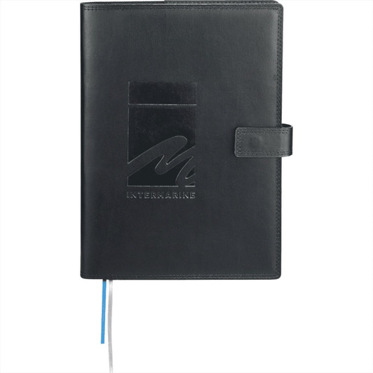 A black leather journal with a strap closure and a logo on the front cover. It features a ribbon bookmark.