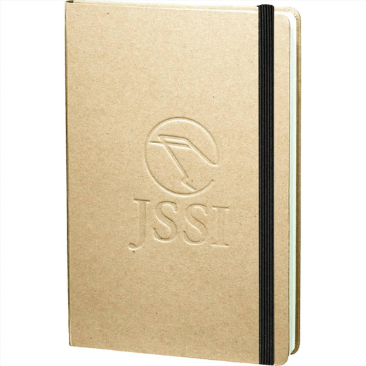 A tan journal with a textured cover, featuring an embossed logo and a black elastic band.