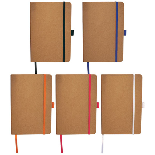 A selection of five Colour Bound JournalBooks with kraft covers and various coloured elastic closures and page markers.