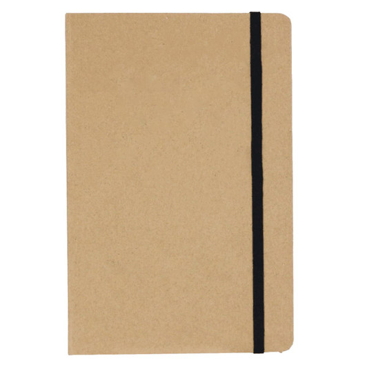 A plain brown journal with a black elastic band closure, featuring a simple design and soft cover.