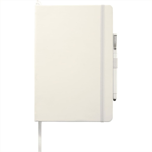 A large hard-bound journal in white with a pen holder and ribbon bookmark, featuring a logo.