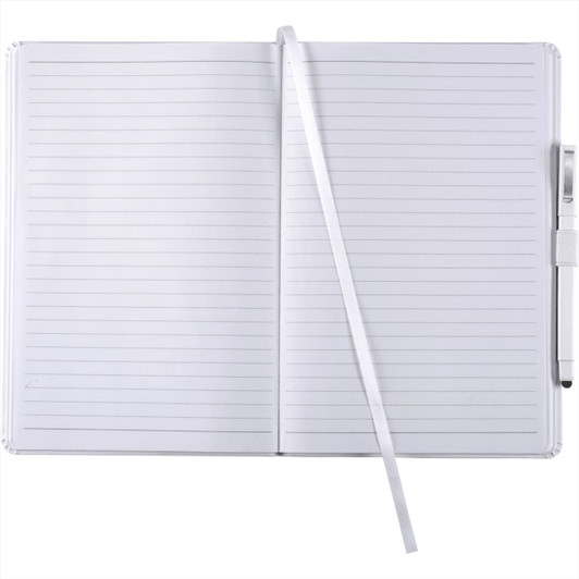 A large hard-bound journal in white with lined pages, a ribbon placeholder, and a pen holder.