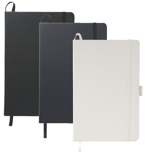 A collection of three A5 notebooks in black, dark grey, and white with elastic closures and a logo.