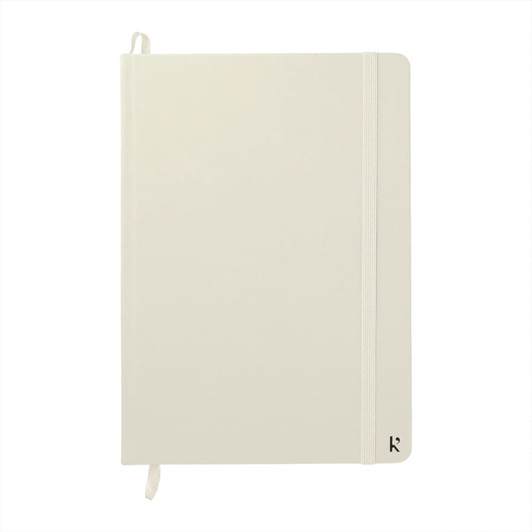 A hardcover notebook in a light cream colour with an elastic band and a logo.