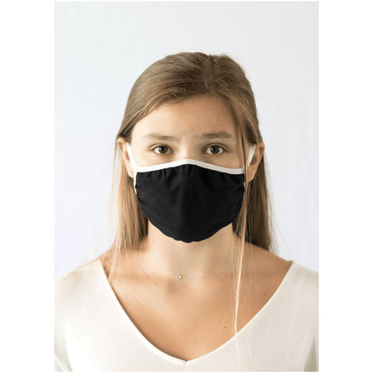 A black face mask with a white trim, featuring ear loops and a snug fit.