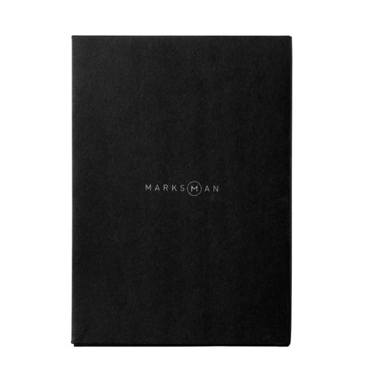 A black notebook featuring a logo on the front cover. It has a sleek and minimalist design.