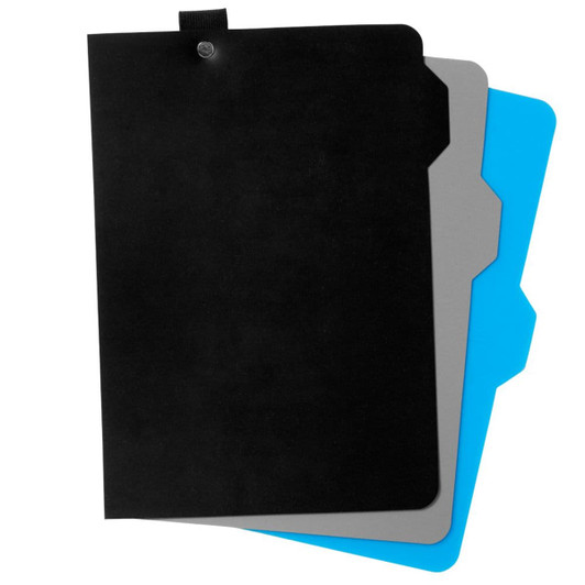 A black notebook with a grey and blue folder, featuring a rounded edge and a fastening button.