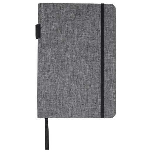 A grey A5 notebook with a textured cover, elastic band closure, and ribbon bookmark. It features a logo.