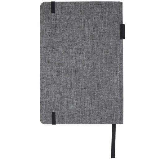 A grey A5 RPET notebook with a textured cover, black elastic closure, and ribbon bookmark. It features a logo.