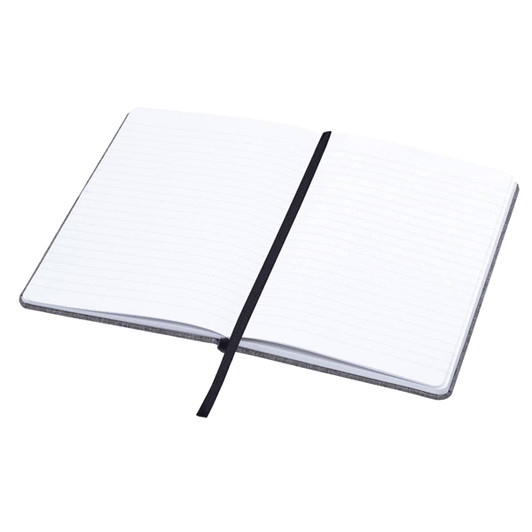 A grey A5 notebook with lined pages and a black elastic band closure, featuring a simple design.